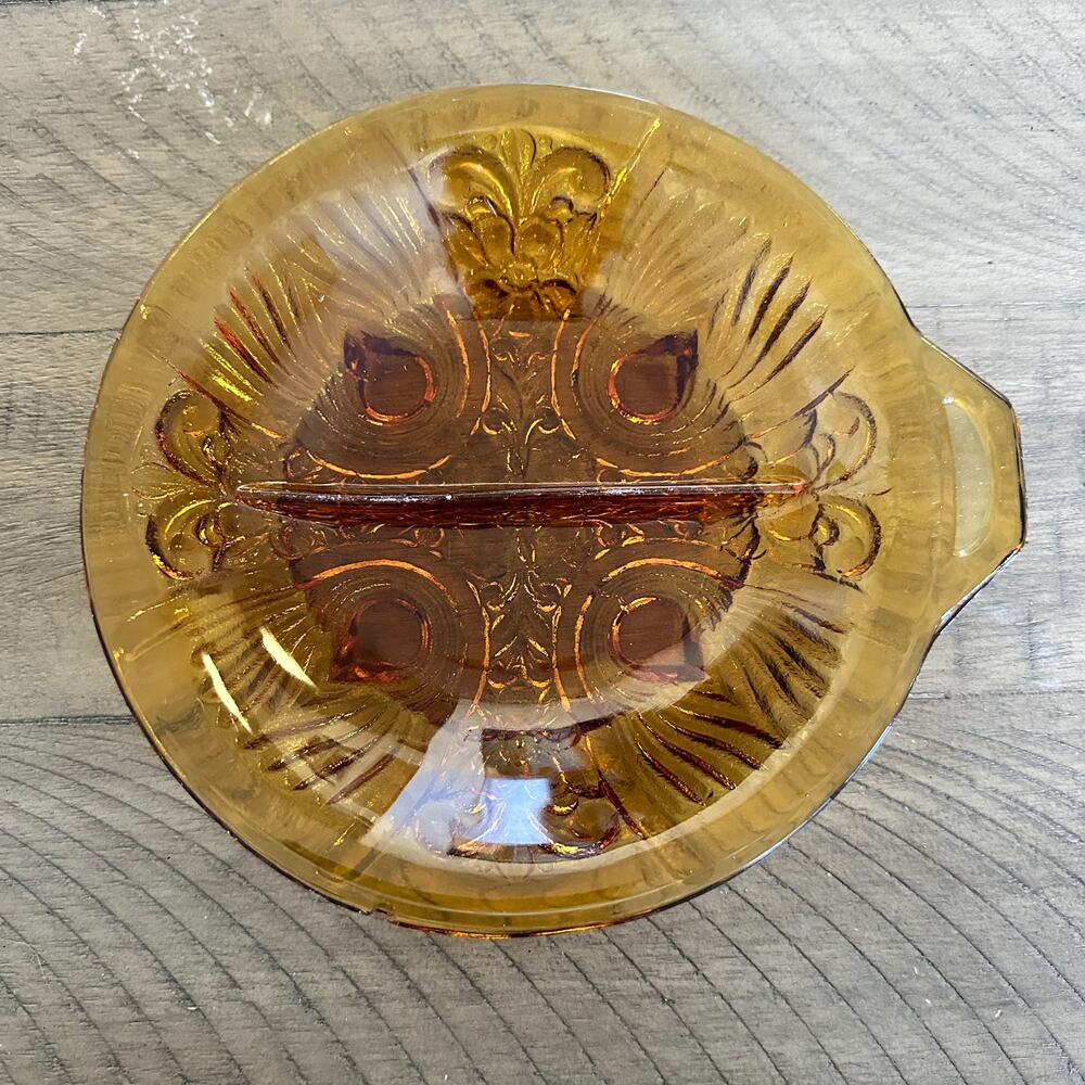 Vintage Amber Glass Divided Candy Dish Mid-Century Modern